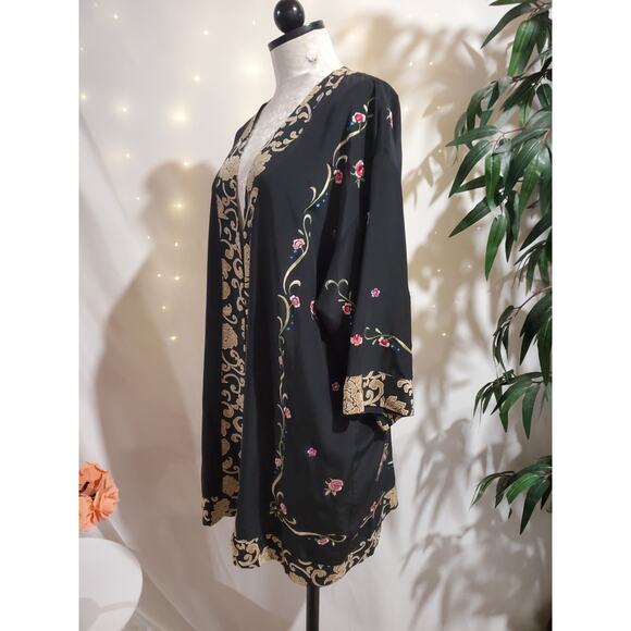 Vtg 90s Yi Lin Silk Embroidered Floral Asian 3/4 Sleeve Kimono Womens S Black - Picture 2 of 11